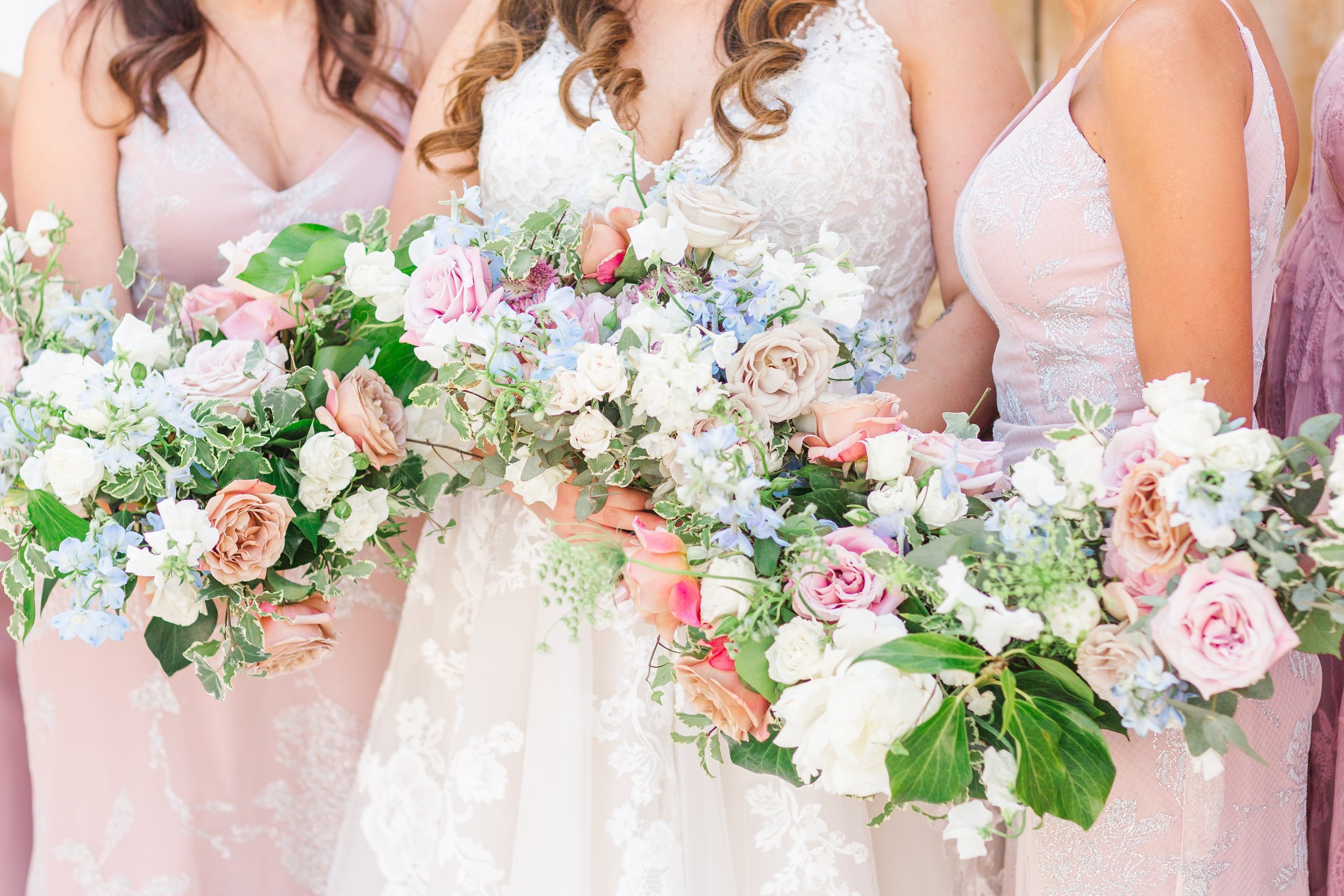 bridal bouquets with dusty pink, blue and white