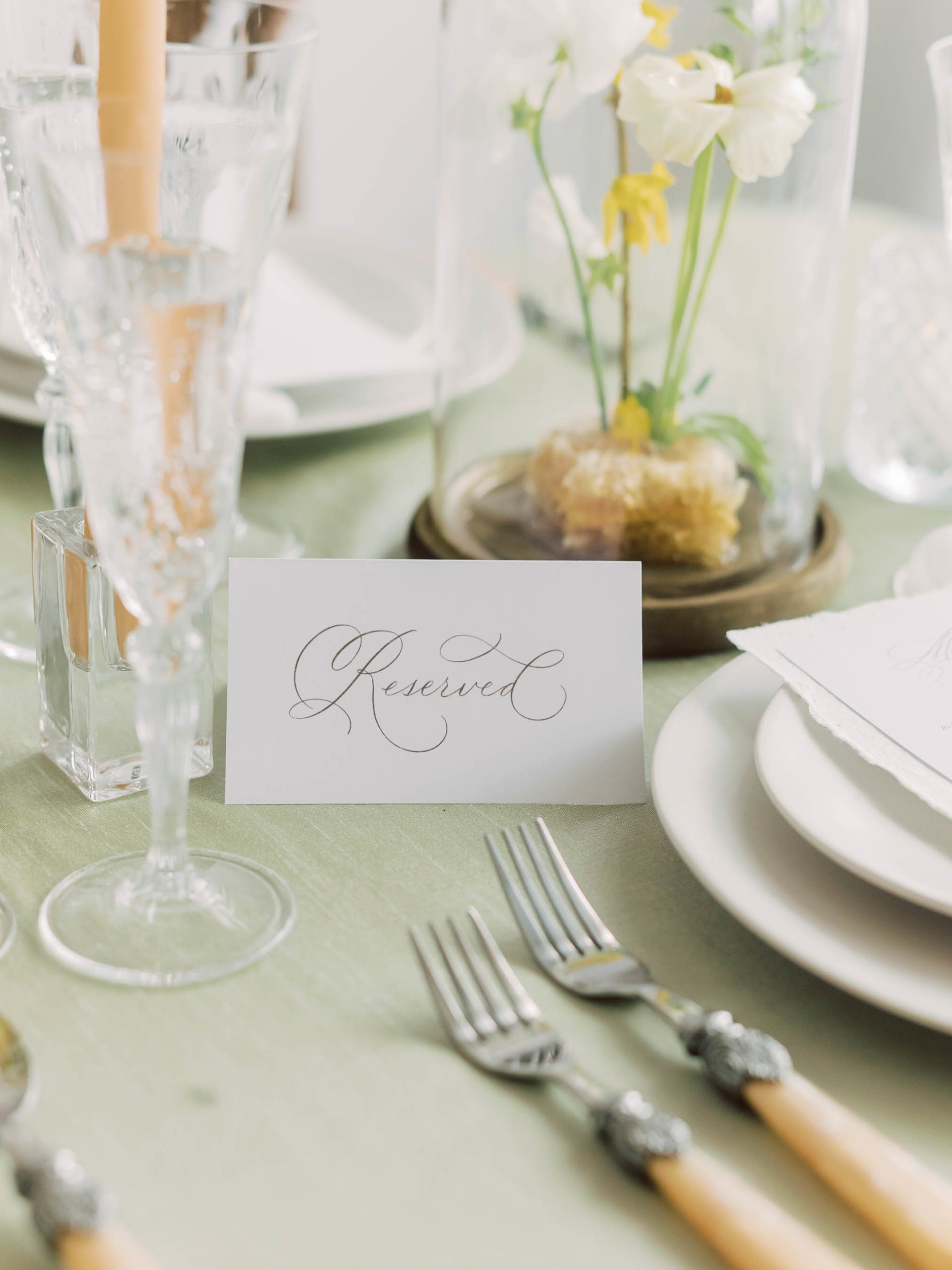table setting with green linen and ivory handle silverware 