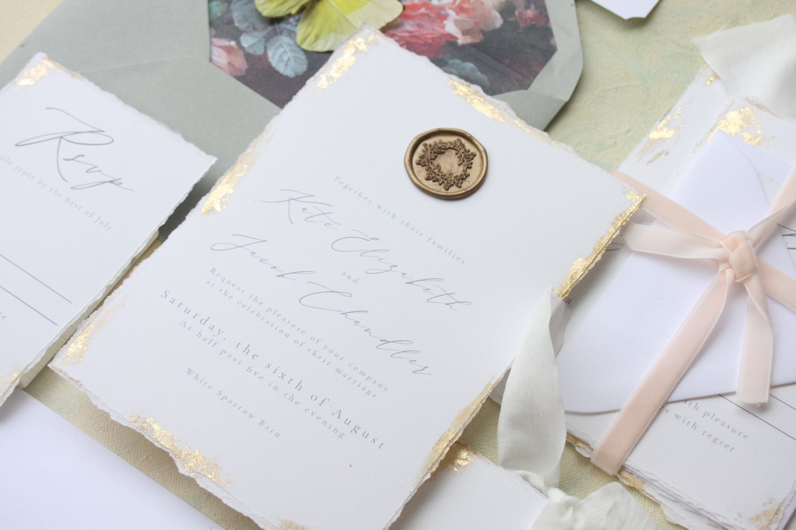 aec creative co invitation with wax seal and gold foil 