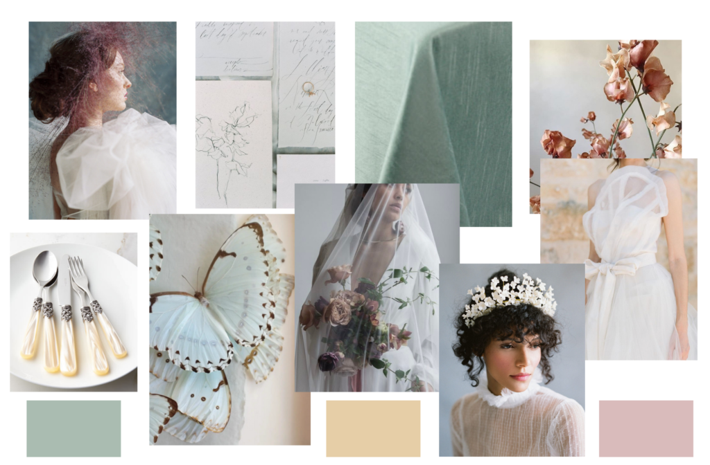 Cultivate spring mood board inspiration in soft greens, yellows and pink. editorial photoshoot for photographers rooted in flora